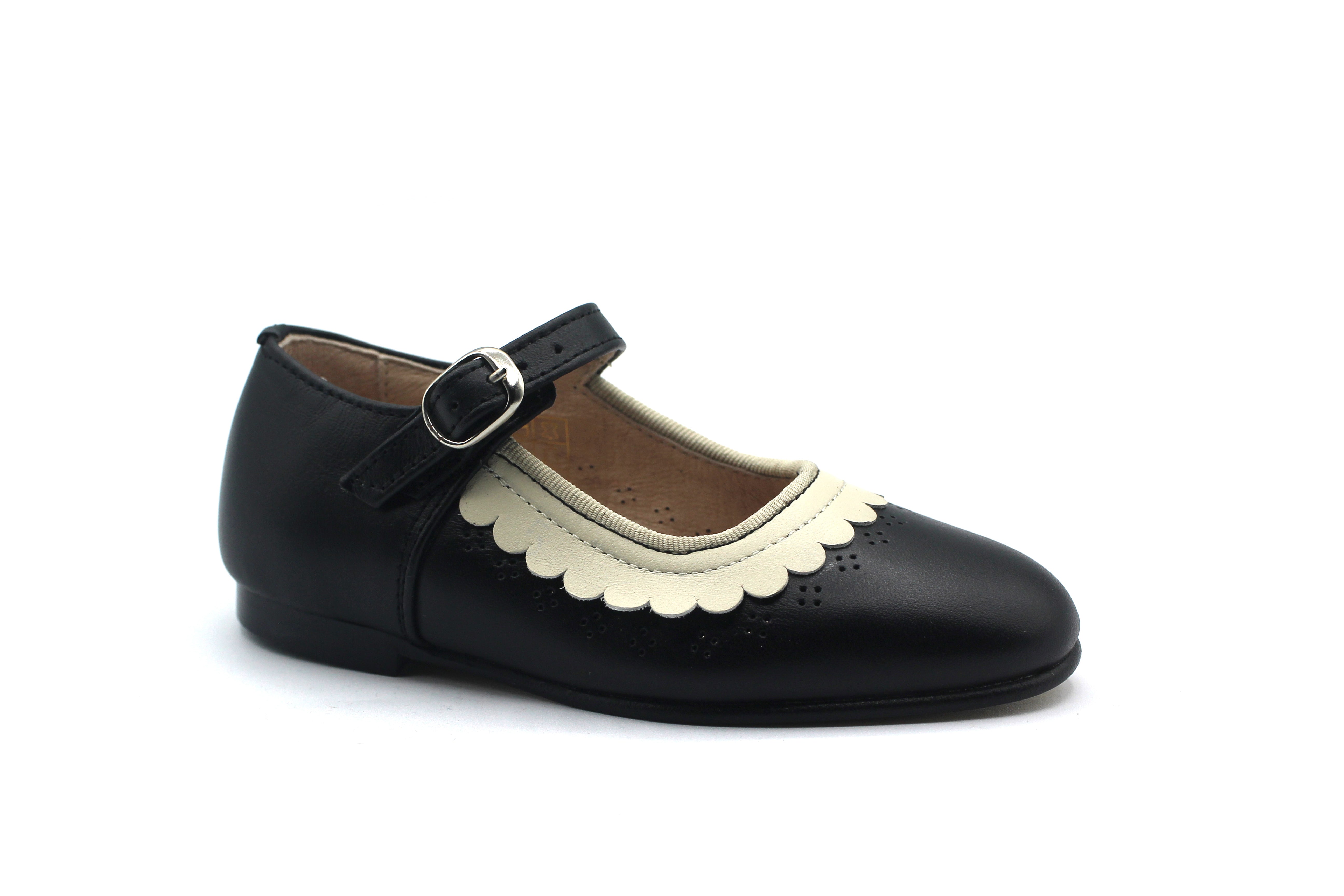 Don Louis Black Cream Scalloped Mary Jane