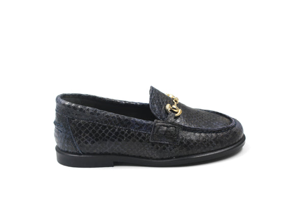 LMDI Navy Snake Leather Buckle Loafer