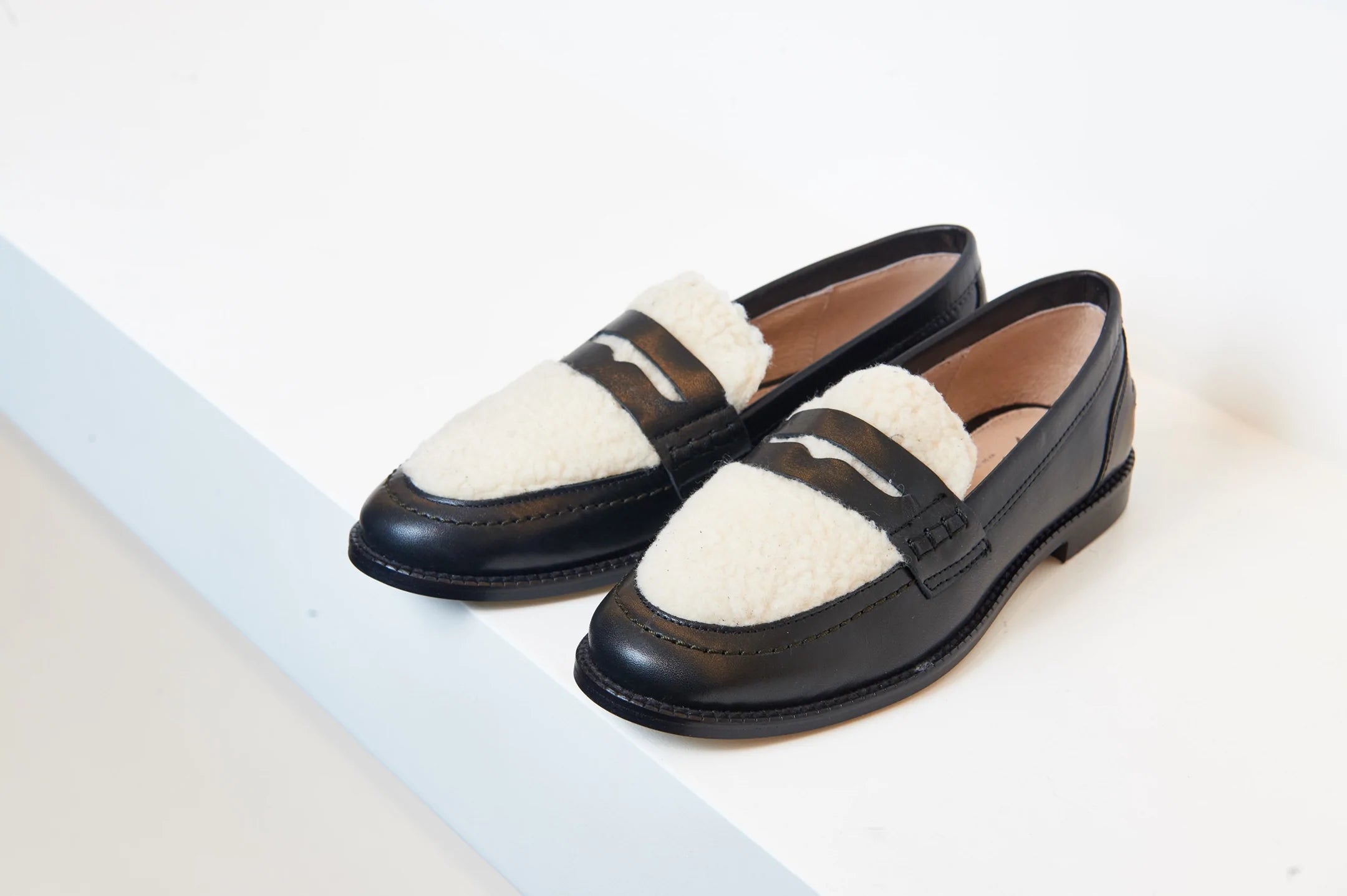 Valencia Black Leather Cream Sherpa Loafer