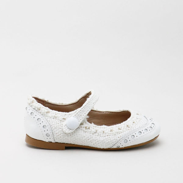 Papanatas White Linen Patent Wingtip Mary Jane